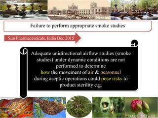 Adequate unidirectional airflow studies (smoke
studies) under dynamic conditions are not
performed to determine
how the movement of air & personnel
during aseptic operations could pose risks to
product sterility e.g.
Failure to perform appropriate smoke studies
Sun Pharmaceuticals, India Dec 2015
 
