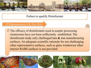 The efficacy of disinfectants used in aseptic processing
cleanrooms have not been sufficiently established. The
disinfectant study only challenged xxx & xxx manufacturing
surfaces. An adequate scientific rationale for not challenging
other representative surfaces, such as glass windowsor other
interior RABS surfaces is not provided
Failure to qualify Disinfectant
CP Pharmaceuticals, UK, Nov 2016
 