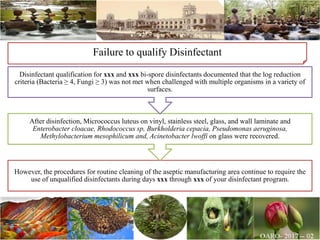Failure to qualify Disinfectant
However, the procedures for routine cleaning of the aseptic manufacturing area continue to require the
use of unqualified disinfectants during days xxx through xxx of your disinfectant program.
After disinfection, Micrococcus luteus on vinyl, stainless steel, glass, and wall laminate and
Enterobacter cloacae, Rhodococcus sp, Burkholderia cepacia, Pseudomonas aeruginosa,
Methylobacterium mesophilicum and, Acinetobacter lwoffi on glass were recovered.
Disinfectant qualification for xxx and xxx bi-spore disinfectants documented that the log reduction
criteria (Bacteria ≥ 4, Fungi ≥ 3) was not met when challenged with multiple organisms in a variety of
surfaces.
 