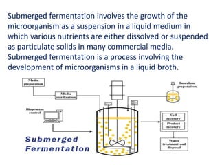 Submerged fermentation involves the growth of the
microorganism as a suspension in a liquid medium in
which various nutrients are either dissolved or suspended
as particulate solids in many commercial media.
Submerged fermentation is a process involving the
development of microorganisms in a liquid broth.
 