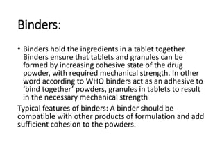 Binders Classification Pharmaceutical excipient | PPTX