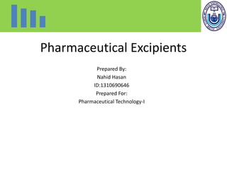 Pharmaceutical Excipients
Prepared By:
Nahid Hasan
ID:1310690646
Prepared For:
Pharmaceutical Technology-I
 