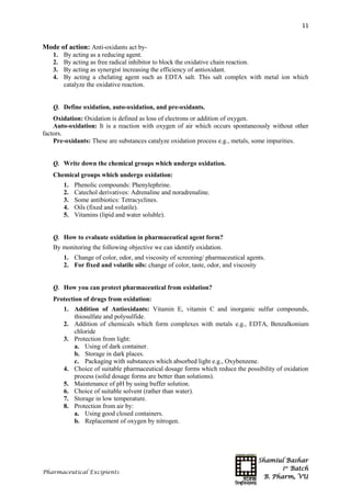 Shamiul Bashar
1st
Batch
B. Pharm, VU
11
Pharmaceutical Excipients
Mode of action: Anti-oxidants act by-
1. By acting as a reducing agent.
2. By acting as free radical inhibitor to block the oxidative chain reaction.
3. By acting as synergist increasing the efficiency of antioxidant.
4. By acting a chelating agent such as EDTA salt. This salt complex with metal ion which
catalyze the oxidative reaction.
Q. Define oxidation, auto-oxidation, and pre-oxidants.
Oxidation: Oxidation is defined as loss of electrons or addition of oxygen.
Auto-oxidation: It is a reaction with oxygen of air which occurs spontaneously without other
factors.
Pre-oxidants: These are substances catalyze oxidation process e.g., metals, some impurities.
Q. Write down the chemical groups which undergo oxidation.
Chemical groups which undergo oxidation:
1. Phenolic compounds: Phenylephrine.
2. Catechol derivatives: Adrenaline and noradrenaline.
3. Some antibiotics: Tetracyclines.
4. Oils (fixed and volatile).
5. Vitamins (lipid and water soluble).
Q. How to evaluate oxidation in pharmaceutical agent form?
By monitoring the following objective we can identify oxidation.
1. Change of color, odor, and viscosity of screening/ pharmaceutical agents.
2. For fixed and volatile oils: change of color, taste, odor, and viscosity
Q. How you can protect pharmaceutical from oxidation?
Protection of drugs from oxidation:
1. Addition of Antioxidants: Vitamin E, vitamin C and inorganic sulfur compounds,
thiosulfate and polysulfide.
2. Addition of chemicals which form complexes with metals e.g., EDTA, Benzalkonium
chloride
3. Protection from light:
a. Using of dark container.
b. Storage in dark places.
c. Packaging with substances which absorbed light e.g., Oxybenzene.
4. Choice of suitable pharmaceutical dosage forms which reduce the possibility of oxidation
process (solid dosage forms are better than solutions).
5. Maintenance of pH by using buffer solution.
6. Choice of suitable solvent (rather than water).
7. Storage in low temperature.
8. Protection from air by:
a. Using good closed containers.
b. Replacement of oxygen by nitrogen.
 