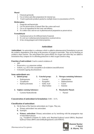 Shamiul Bashar
1st
Batch
B. Pharm, VU
9
Pharmaceutical Excipients
Phenol
1. Classical germicide.
2. Use in lotion and other preparation for internal use.
3. Used in particular products packed as multiple doses in concentration of 0.5%
Dichlorophen
1. Fungicide and bactericide.
2. Use for preservation of natural fiber like cotton and wool.
3. Use as an ingredient for hair tonic and athletes.
4. It is rather tonic and not use in pharmaceutical preparation as preservatives.
Formaldehyde
1. Good preservatives for different kind of material.
2. It is not use in pharmaceutical preparation as preservatives.
3. Is has strong pungent and irritant properties.
Antioxidant
Antioxidant: An antioxidant is a substance which is added to pharmaceutical formulation to prevent
the oxidative degradation of the drug in the presence of oxygen or peroxides. They act by blocking an
oxidative chain reaction. The antioxidants have great affinity for oxygen and when they are added to
formulation they compete for its affording protection to other oxygen sensitive drug.
Function of anti-oxidant: Used to control oxidation of-
 API
 Preservative, e.g. potassium sorbate
 Vehicle, e.g. oils or fats susceptible to β-oxidation (rancidification)
 Colourants (ageing discolouration)
Some antioxidants are:
1. Quinol group:
 Hydroquinone
 Tocopherols
 Hydroxychromans
2. Catechol group:
 Catechol
 Pyrogallol
 Gallic Acid
 Ethyl Gallate
3. Nitrogen containing Substance:
 Alkanolamine
 Diphenylamines
 Casein
 Edestine
4. Sulphur containg Substance:
 Cysteine Hydrochloride
5. Monohydric Phenol:
 Thymol
Concentration of antioxidant in formulation: 0.001 – 0.1%
Classification of antioxidant:
1. On the basis of the function antioxidants are 2 types. They are,
a. Primary antioxidant/ true antioxidant.
b. Synergist.
a. Primary antioxidant: Primary antioxidants act by interfering with the propagation step
of autoxidaton process.
e.g., Tocopherol (Vitamin E), Gallic acid, Butylated hydroxyl anisol (BHA), Butylated
hydroxyl tolune (BHT) and nordihydroguaiaretic acid (NDGA).
 