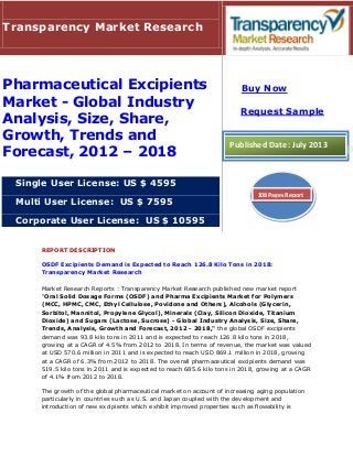 REPORT DESCRIPTION
OSDF Excipients Demand is Expected to Reach 126.8 Kilo Tons in 2018:
Transparency Market Research
Market Research Reports : Transparency Market Research published new market report
"Oral Solid Dosage Forms (OSDF) and Pharma Excipients Market for Polymers
(MCC, HPMC, CMC, Ethyl Cellulose, Povidone and Others), Alcohols (Glycerin,
Sorbitol, Mannitol, Propylene Glycol), Minerals (Clay, Silicon Dioxide, Titanium
Dioxide) and Sugars (Lactose, Sucrose) - Global Industry Analysis, Size, Share,
Trends, Analysis, Growth and Forecast, 2012 - 2018," the global OSDF excipients
demand was 93.8 kilo tons in 2011 and is expected to reach 126.8 kilo tons in 2018,
growing at a CAGR of 4.5% from 2012 to 2018. In terms of revenue, the market was valued
at USD 570.6 million in 2011 and is expected to reach USD 869.1 million in 2018, growing
at a CAGR of 6.3% from 2012 to 2018. The overall pharmaceutical excipients demand was
519.5 kilo tons in 2011 and is expected to reach 685.6 kilo tons in 2018, growing at a CAGR
of 4.1% from 2012 to 2018.
The growth of the global pharmaceutical market on account of increasing aging population
particularly in countries such as U.S. and Japan coupled with the development and
introduction of new excipients which exhibit improved properties such as flowability is
Transparency Market Research
Pharmaceutical Excipients
Market - Global Industry
Analysis, Size, Share,
Growth, Trends and
Forecast, 2012 – 2018
Single User License: US $ 4595
Multi User License: US $ 7595
Corporate User License: US $ 10595
Buy Now
Request Sample
Published Date: July 2013
108 Pages Report
 