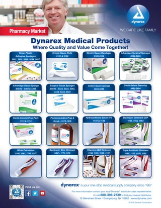 WE CARE LIKE FAMILY
is your one-stop medical supply company since 1967
10 Glenshaw Street • Orangeburg, NY 10962 • www.dynarex.com
For more information contact your local Dynarex®
distributor sales representative.
Or call 888-396-2739 to find your nearest distributor.
© 2016 Dynarex Corporation
Find us on:
Dynarex Medical Products
Where Quality and Value Come Together!
Dynarex Medical Products
Pharmacy Market
Where Quality and Value Come Together!
Sheer Plastic
Adhesive Bandages
3601, 3602, 3608, 3634, 3607
Where Quality and Value Come Together!Where Quality and Value Come Together!
Krinkle Gauze Rolls
3161 & 3162
Where Quality and Value Come Together!Where Quality and Value Come Together!
Stretch Gauze Bandages
3102-3106
Where Quality and Value Come Together!Where Quality and Value Come Together!
Advantage Surgical Sponges
3262-3265
Advantage Gauze Sponge
Sterile - 3368 & 3369
Sterile Alcohol Prep Pads
1113 & 1114
Surgical Gauze Sponges
Sterile - 3322, 3333, 3342,
3343, 3344, 3345
Povidone-Iodine Prep &
Scrub - 1413-1416
Cotton Gauze Sponge
3222-3249
Sterile Island Dressing
3492-3494
White Petrolatum
1140, 1141, 1145, 1147
Bacitracin Zinc Ointment
USP - 1171-1176
Vitamins A&D Ointment
1150, 1152, 1155, 1157
Triple Antibiotic Ointment
1180, 1182, 1184, 1185
Hydrocortisone Cream 1%
1137 & 1139
Bacitracin Ointment USP
1161, 1162, 1163
 