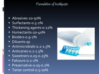 Toothpaste Formulation Examples Formulations of pharmaceuticals and cosmetics ppt 1 | PPT