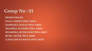 Group No : 01
PRESENTED BY:
RANA AHMED (PHA-14001)
MAHFUJUL HASAN (PHA-14002)
SHAHIDA YEASMIN (PHA-14005)
SHAMIMA AKTER SUMI (PHA-14007)
RUMA AKTER (PHA-14008)
A.H.M.ADNAN KHAN (PHA-14033)
 