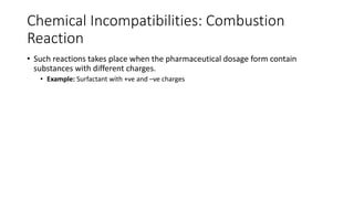 Chemical Incompatibilities: Combustion
Reaction
• Such reactions takes place when the pharmaceutical dosage form contain
substances with different charges.
• Example: Surfactant with +ve and –ve charges
 