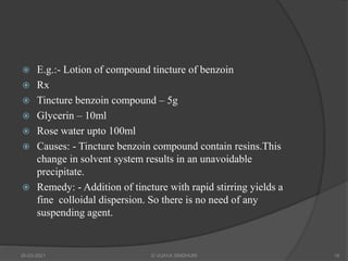  E.g.:- Lotion of compound tincture of benzoin
 Rx
 Tincture benzoin compound – 5g
 Glycerin – 10ml
 Rose water upto 100ml
 Causes: - Tincture benzoin compound contain resins.This
change in solvent system results in an unavoidable
precipitate.
 Remedy: - Addition of tincture with rapid stirring yields a
fine colloidal dispersion. So there is no need of any
suspending agent.
20-03-2021 G VIJAYA SINDHURI 19
 