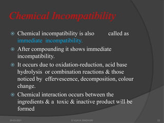 Chemical Incompatibility
 Chemical incompatibility is also called as
immediate incompatibility.
 After compounding it shows immediate
incompatibility.
 It occurs due to oxidation-reduction, acid base
hydrolysis or combination reactions & those
noticed by effervescence, decomposition, colour
change.
 Chemical interaction occurs between the
ingredients & a toxic & inactive product will be
formed
20-03-2021 G VIJAYA SINDHURI 22
 