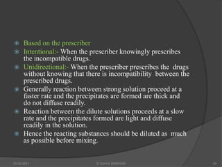 Based on the prescriber
 Intentional:- When the prescriber knowingly prescribes
the incompatible drugs.
 Unidirectional:- When the prescriber prescribes the drugs
without knowing that there is incompatibility between the
prescribed drugs.
 Generally reaction between strong solution proceed at a
faster rate and the precipitates are formed are thick and
do not diffuse readily.
 Reaction between the dilute solutions proceeds at a slow
rate and the precipitates formed are light and diffuse
readily in the solution.
 Hence the reacting substances should be diluted as much
as possible before mixing.
20-03-2021 G VIJAYA SINDHURI 29
 