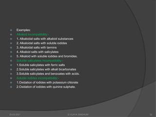  Examples:
 Alkaloid incompatibility:-
 1. Alkaloidal salts with alkaloid substances
 2. Alkaloidal salts with soluble iodides
 3. Alkaloidal salts with tannins
 4. Alkaloid salts with salicylates
 5. Alkaloid with soluble iodides and bromides.
 Soluble salicylates incompatibility:-
 1.Soluble salicylates with ferric salts
 2.Soluble salicylates with alkali bicarbonates
 3.Soluble salicylates and benzoates with acids.
 Soluble iodides incompatibility:-
 1.Oxidation of iodides with potassium chlorate
 2.Oxidation of iodides with quinine sulphate.
20-03-2021 G VIJAYA SINDHURI 32
 