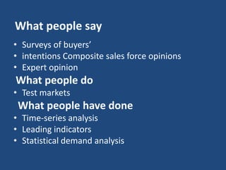 What people say
• Surveys of buyers’
• intentions Composite sales force opinions
• Expert opinion
What people do
• Test markets
What people have done
• Time-series analysis
• Leading indicators
• Statistical demand analysis
 