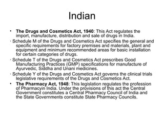 Indian
• The Drugs and Cosmetics Act, 1940: This Act regulates the
import, manufacture, distribution and sale of drugs in India.
· Schedule M of the Drugs and Cosmetics Act specifies the general and
specific requirements for factory premises and materials, plant and
equipment and minimum recommended areas for basic installation
for certain categories of drugs.
· Schedule T of the Drugs and Cosmetics Act prescribes Good
Manufacturing Practices (GMP) specifications for manufacture of
Ayurvedic, Siddha and Unani medicines.
· Schedule Y of the Drugs and Cosmetics Act governs the clinical trials
legislative requirements of the Drugs and Cosmetics Act.
• The Pharmacy Act, 1948: This legislation regulates the profession
of Pharmacyin India. Under the provisions of this act the Central
Government constitutes a Central Pharmacy Council of India and
the State Governments constitute State Pharmacy Councils.
 