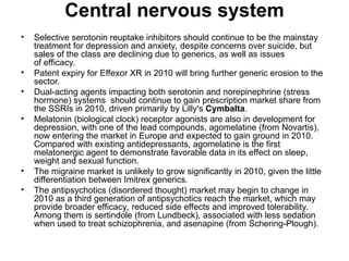 Central nervous system
• Selective serotonin reuptake inhibitors should continue to be the mainstay
treatment for depression and anxiety, despite concerns over suicide, but
sales of the class are declining due to generics, as well as issues
of efficacy.
• Patent expiry for Effexor XR in 2010 will bring further generic erosion to the
sector.
• Dual-acting agents impacting both serotonin and norepinephrine (stress
hormone) systems should continue to gain prescription market share from
the SSRIs in 2010, driven primarily by Lilly's Cymbalta.
• Melatonin (biological clock) receptor agonists are also in development for
depression, with one of the lead compounds, agomelatine (from Novartis),
now entering the market in Europe and expected to gain ground in 2010.
Compared with existing antidepressants, agomelatine is the first
melatonergic agent to demonstrate favorable data in its effect on sleep,
weight and sexual function.
• The migraine market is unlikely to grow significantly in 2010, given the little
differentiation between Imitrex generics.
• The antipsychotics (disordered thought) market may begin to change in
2010 as a third generation of antipsychotics reach the market, which may
provide broader efficacy, reduced side effects and improved tolerability.
Among them is sertindole (from Lundbeck), associated with less sedation
when used to treat schizophrenia, and asenapine (from Schering-Plough).
 