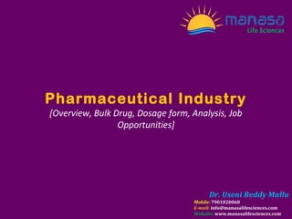 Pharmaceutical Industry
[Overview, Bulk Drug, Dosage form, Analysis, Job
Opportunities]
Dr. Useni Reddy Mallu
Mobile: 7901020060
E-mail: info@manasalifesciences.com
Website: www.manasalifesciences.com
 