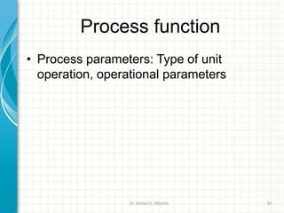 Process function
• Process parameters: Type of unit
operation, operational parameters
Dr. ibtihal O. Alkarim 36
 