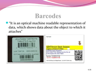 Barcodes
“It is an optical machine readable representation of
data, which shows data about the object to which it
attaches”
6-36
 