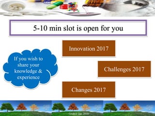 5-10 min slot is open for you
If you wish to
share your
knowledge &
experience
Innovation 2017
Challenges 2017
Changes 2017
 