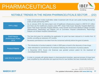1717MARCH 2017 For updated information, please visit www.ibef.org
PHARMACEUTICALS
NOTABLE TRENDS IN THE INDIAN PHARMACEUTICALS SECTOR … (2/2)
PPP in R&D
• Indian Government invited multi-billion dollar investment with 50 per cent public funding through its
public private partnership (PPP)
• As on January 2016, the total project cost of healthcare infrastructure project is USD151.91 million
and there are five healthcare projects under PPP. Green Field Super Specialty Hospital (Bathinda),
Green Field Super Specialty Hospital (Mohali), Indira Gandhi Government Medical College Complex
(Maharashtra), Nephrology and Dialysis unit at Coronation Hospital (Uttarakhand), Nephrology
Dialysis unit at Base Hospital (Uttarakhand)
Draft Patents
(Amendment) Rules,
2015
• The time limit given for submitting the application for grant has been reduced to 4 months from 12
months, providing an extension of 2 months
• Necessary permissions to be taken from the concerned authority before the grant of patents
Product Patents
• The introduction of product patents in India in 2005 gave a boost to the discovery of new drugs
• India reiterated its commitment to IP protection following the introduction of product patents
• In December 2016, Suven Life Sciences was granted product patent for the treatment of
neurodegenerative diseases
Source: TechSci Research
Note: R&D - Research and Development
Less time for approval • In order to compete with global players in pharmaceutical industries, approval process of drugs have
been simplified by the authorities and approval time for new facilities has been drastically reduced
 