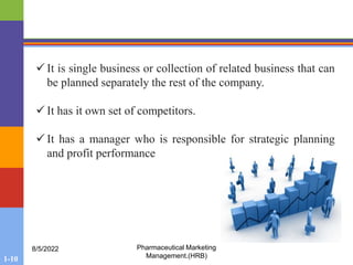 1-10
8/5/2022 Pharmaceutical Marketing
Management.(HRB)
 It is single business or collection of related business that can
be planned separately the rest of the company.
 It has it own set of competitors.
 It has a manager who is responsible for strategic planning
and profit performance
 