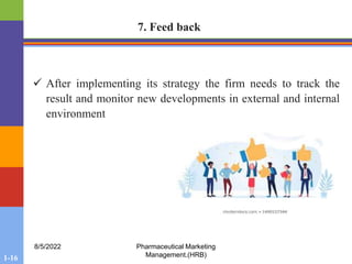 1-16
8/5/2022 Pharmaceutical Marketing
Management.(HRB)
7. Feed back
 After implementing its strategy the firm needs to track the
result and monitor new developments in external and internal
environment
 