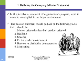 1-6
8/5/2022 Pharmaceutical Marketing
Management.(HRB)
 In this involve a statement of organization’s purpose, what it
wants to accomplish in the larger environment.
 The mission statement should be base on the following facts
that it should be:
1. Market oriented rather than product oriented
2. Realistic
3. Specific
4. Fit the market environment
5. Base on its distinctive competencies
6. Motivating
1. Defining the Company Mission Statement
 