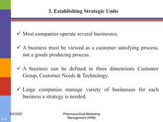1-9
8/5/2022 Pharmaceutical Marketing
Management.(HRB)
3. Establishing Strategic Units
 Most companies operate several businesses.
 A business must be viewed as a customer satisfying process,
not a goods producing process.
 A business can be defined in three dimensions Customer
Group, Customer Needs & Technology.
 Large companies manage variety of businesses for each
business a strategy is needed.
 