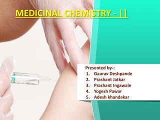 MEDICINAL CHEMISTRY - ||
Presented by-:
1. Gaurav Deshpande
2. Prashant Jatkar
3. Prashant Ingawale
4. Yogesh Pawar
5. Adesh khandekar
 