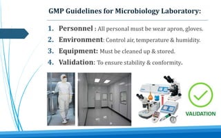 GMP Guidelines for Microbiology Laboratory:
1. Personnel : All personal must be wear apron, gloves.
2. Environment: Control air, temperature & humidity.
3. Equipment: Must be cleaned up & stored.
4. Validation: To ensure stability & conformity.
 