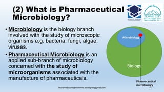 (2) What is Pharmaceutical
Microbiology?
• Microbiology is the biology branch
involved with the study of microscopic
organisms e.g. bacteria, fungi, algae,
viruses.
• Pharmaceutical Microbiology is an
applied sub-branch of microbiology
concerned with the study of
microorganisms associated with the
manufacture of pharmaceuticals.
Biology
Microbiology
Pharmaceutical
microbiology
Mohamed Aboelgheit mhmd.aboelgheit@gmail.com 14
 