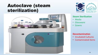 Autoclave (steam
sterilization)
Mohamed Aboelgheit mhmd.aboelgheit@gmail.com 19
Steam Sterilization
• Media
• Glassware
• Gowns
Decontamination
• Incubated Cultures
• Contaminated items
 
