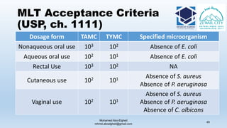 MLT Acceptance Criteria
(USP, ch. 1111)
Dosage form TAMC TYMC Specified microorganism
Nonaqueous oral use 103 102 Absence of E. coli
Aqueous oral use 102 101 Absence of E. coli
Rectal Use 103 102 NA
Cutaneous use 102 101 Absence of S. aureus
Absence of P. aeruginosa
Vaginal use 102 101
Absence of S. aureus
Absence of P. aeruginosa
Absence of C. albicans
Mohamed Abo-Elgheit
mhmd.aboelgheit@gmail.com
49
 