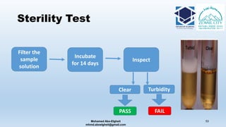 Sterility Test
Mohamed Abo-Elgheit
mhmd.aboelgheit@gmail.com
53
Filter the
sample
solution
Incubate
for 14 days
Inspect
Clear Turbidity
PASS FAIL
 