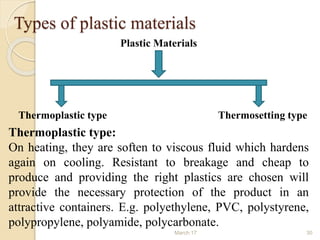 Types of plastic materials
March 17 30
Plastic Materials
Thermoplastic type Thermosetting type
Thermoplastic type:
On heat...