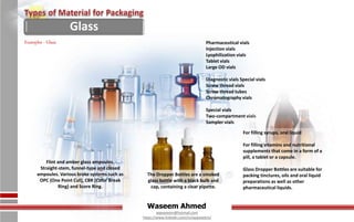 Waseem Ahmed
aqwaseem@hotmail.com
https://www.linkedin.com/in/aqwaseem/
Pharmaceutical vials
Injection vials
Lyophilization vials
Tablet vials
Large OD vials
Diagnostic vials Special vials
Screw thread vials
Screw thread tubes
Chromatography vials
Special vials
Two-compartment vials
Sampler vials
Flint and amber glass ampoules.
Straight-stem, funnel-type and closed
ampoules. Various brake systems such as
OPC (One Point Cut), CBR (Color Break
Ring) and Score Ring.
Examples - Glass
For filling syrups, oral liquid
For filling vitamins and nutritional
supplements that come in a form of a
pill, a tablet or a capsule.
Glass Dropper Bottles are suitable for
packing tinctures, oils and oral liquid
preparations as well as other
pharmaceutical liquids.
The Dropper Bottles are a smoked
glass bottle with a black bulb and
cap, containing a clear pipette.
Glass
 