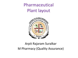 Pharmaceutical
Plant layout
Arpit Rajaram Suralkar
M Pharmacy (Quality Assurance)
 