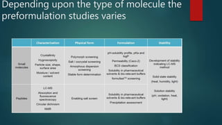 Depending upon the type of molecule the
preformulation studies varies
 