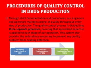  Through strict documentation and procedures, our engineers
and operators maintain control of quality throughout every
step of production. The quality control process is divided into
three separate processes, ensuring that specialized expertise
is applied to each stage of our operation. This system also
provides the redundancy necessary to prevent any quality
problem from evading detection.
 