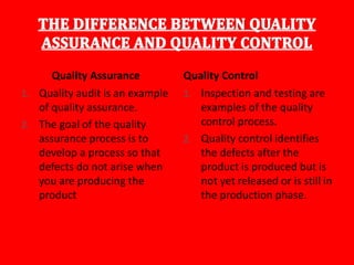 Quality Assurance
1. Quality audit is an example
of quality assurance.
2. The goal of the quality
assurance process is to
develop a process so that
defects do not arise when
you are producing the
product
Quality Control
1. Inspection and testing are
examples of the quality
control process.
2. Quality control identifies
the defects after the
product is produced but is
not yet released or is still in
the production phase.
 
