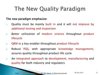 The new paradigm emphasize:
1. Quality must be mainly built in and it will not improve by
additional testing and inspection
2. Better utilization of modern science throughout product
lifecycle
3. QRM is a key enabler throughout product lifecycle
4. Robust PQS, with appropriate knowledge management,
assures quality throughout product life cycle
5. An integrated approach to development, manufacturing and
quality for both industry and regulators
1206-09-2016
Visit www.drugregulations.org for the latest in Pharmaceuticals.
 