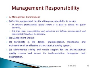  A. Management Commitment
 (a) Senior management has the ultimate responsibility to ensure
◦ An effective pharmaceutical quality system is in place to achieve the quality
objectives,
◦ And that roles, responsibilities, and authorities are defined, communicated, and
implemented throughout the company.
 (b) Management should:
 (1) Participate in the design, implementation, monitoring, and
maintenance of an effective pharmaceutical quality system.
 (2) Demonstrate strong and visible support for the pharmaceutical
quality system and ensure its implementation throughout their
organization.
1506-09-2016
Visit www.drugregulations.org for the latest in Pharmaceuticals.
 