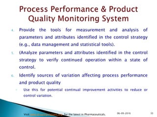 4. Provide the tools for measurement and analysis of
parameters and attributes identified in the control strategy
(e.g., data management and statistical tools).
5. (Analyze parameters and attributes identified in the control
strategy to verify continued operation within a state of
control.
6. Identify sources of variation affecting process performance
and product quality
◦ Use this for potential continual improvement activities to reduce or
control variation.
3306-09-2016
Visit www.drugregulations.org for the latest in Pharmaceuticals.
 