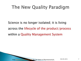 Science is no longer isolated; it is living
across the lifecycle of the product/process
within a Quality Management System
706-09-2016
Visit www.drugregulations.org for the latest in Pharmaceuticals.
 