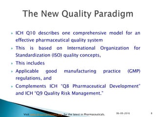  ICH Q10 describes one comprehensive model for an
effective pharmaceutical quality system
 This is based on International Organization for
Standardization (ISO) quality concepts,
 This includes
 Applicable good manufacturing practice (GMP)
regulations, and
 Complements ICH “Q8 Pharmaceutical Development”
and ICH “Q9 Quality Risk Management.”
806-09-2016
Visit www.drugregulations.org for the latest in Pharmaceuticals.
 