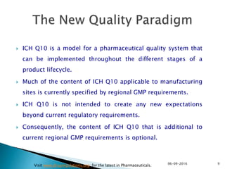 ICH Q10 is a model for a pharmaceutical quality system that
can be implemented throughout the different stages of a
product lifecycle.
 Much of the content of ICH Q10 applicable to manufacturing
sites is currently specified by regional GMP requirements.
 ICH Q10 is not intended to create any new expectations
beyond current regulatory requirements.
 Consequently, the content of ICH Q10 that is additional to
current regional GMP requirements is optional.
906-09-2016
Visit www.drugregulations.org for the latest in Pharmaceuticals.
 
