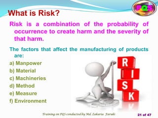 What is Risk?
Risk is a combination of the probability of
occurrence to create harm and the severity of
that harm.
The factors that affect the manufacturing of products
are:
a) Manpower
b) Material
c) Machineries
d) Method
e) Measure
f) Environment
PQS
Training on PQS conducted by Md. Zakaria Faruki 21 of 47
 