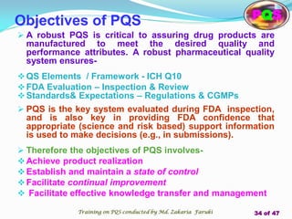 Objectives of PQS PQS
 A robust PQS is critical to assuring drug products are
manufactured to meet the desired quality and
performance attributes. A robust pharmaceutical quality
system ensures-
QS Elements / Framework - ICH Q10
FDA Evaluation – Inspection & Review
Standards& Expectations – Regulations & CGMPs
 PQS is the key system evaluated during FDA inspection,
and is also key in providing FDA confidence that
appropriate (science and risk based) support information
is used to make decisions (e.g., in submissions).
 Therefore the objectives of PQS involves-
Achieve product realization
Establish and maintain a state of control
Facilitate continual improvement
 Facilitate effective knowledge transfer and management
Training on PQS conducted by Md. Zakaria Faruki 34 of 47
 