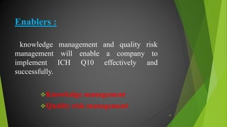 Enablers :
knowledge management and quality risk
management will enable a company to
implement ICH Q10 effectively and
successfully.
Knowledge management
Quality risk management
24
 